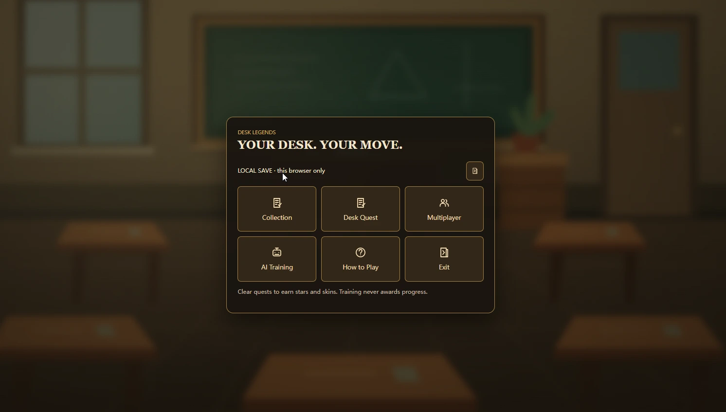 Pen Fight Desk Legends menu with Collection, Desk Quest, Multiplayer and AI Training