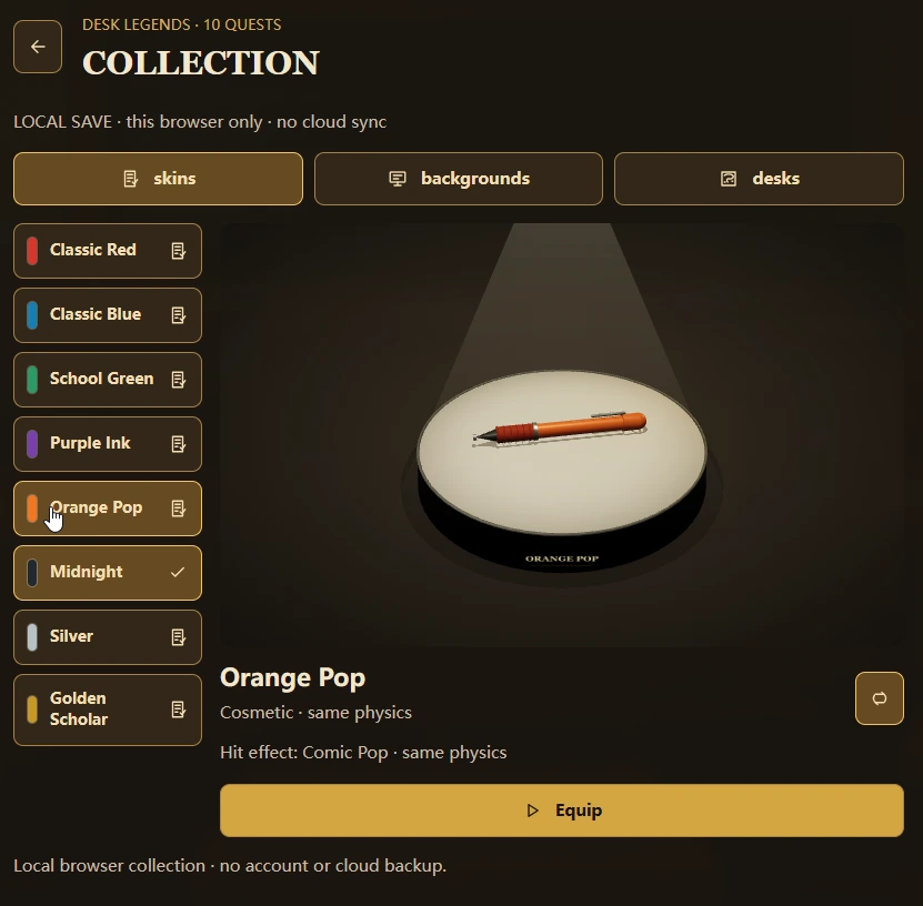 Pen Fight collection displaying the Orange Pop pen skin and equip button